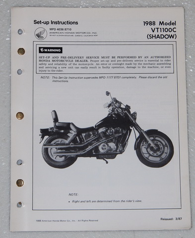 1988 Honda VT1100C Original Set-Up Instructions