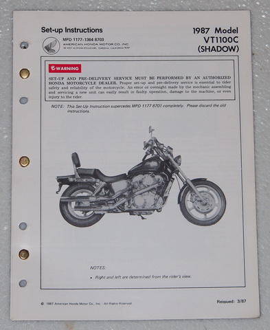1987 Honda VT1100C Original Set-Up Instructions