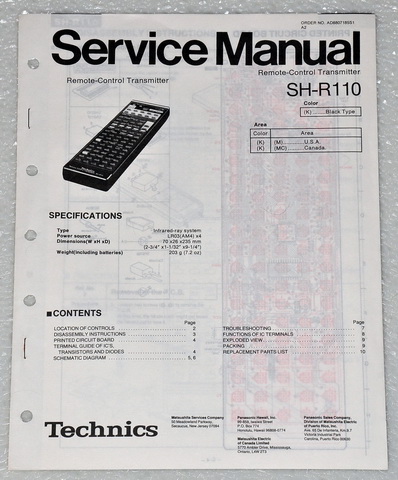 Technics SH-R110 Remote Control Factory Service Manual & Parts List