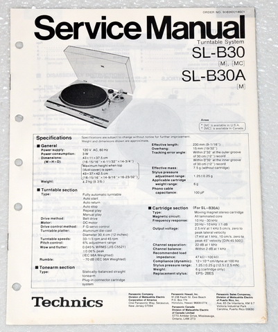 Technics SL-B30 SL-B30A Belt Drive Automatic Turntable Original Factory Service Manual