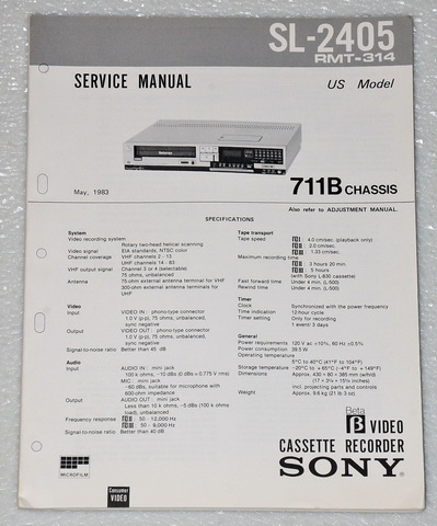 Sony SL-2405 Beta Max VCR Original Factory Service Manual