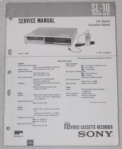 Sony SL-10 BetaMax VCR & RM-85 Remote Original Factory Service Manual