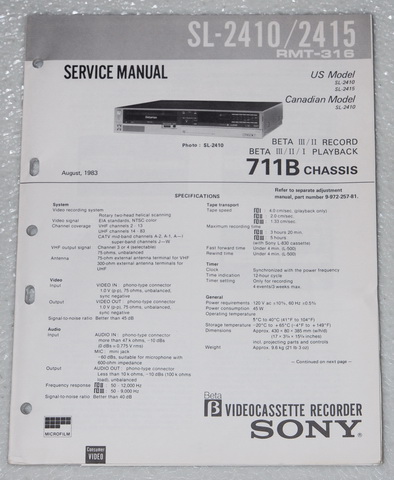 Sony SL-2410 & SL-2415 BetaMax VCR Original Factory Service Manual