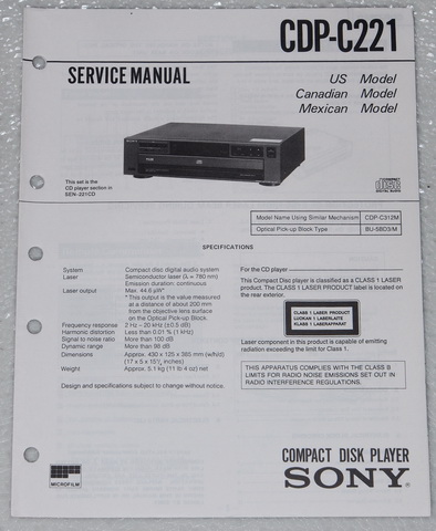 SONY CDP-C221 CD Player Original Factory Service Manual