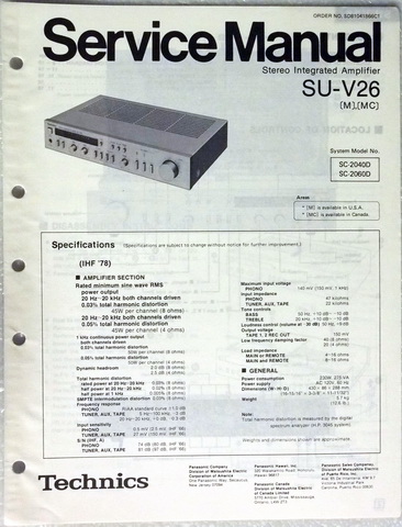 Technics SU-V26 Stereo Integrated DC Amplifier Original Factory Service Manual