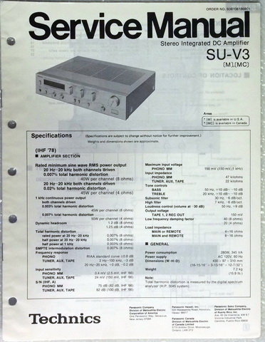 Technics SU-V3 Stereo Integrated DC Amplifier Original Factory Service Manual