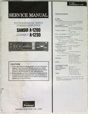 Sansui A-1200 & A-1230 Stereo Amplifier Original Factory Service Manual