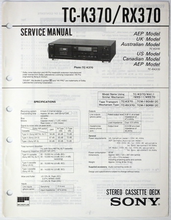 Sony TC-K370 / TC-RX370 Stereo Cassette Deck Original Factory Service Manual