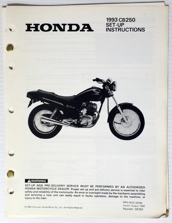 1993 Honda CB250 Original Set-Up Instructions Assembly Manual