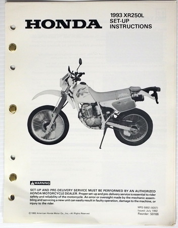 1993 Honda XR250L Original Set-Up Instructions