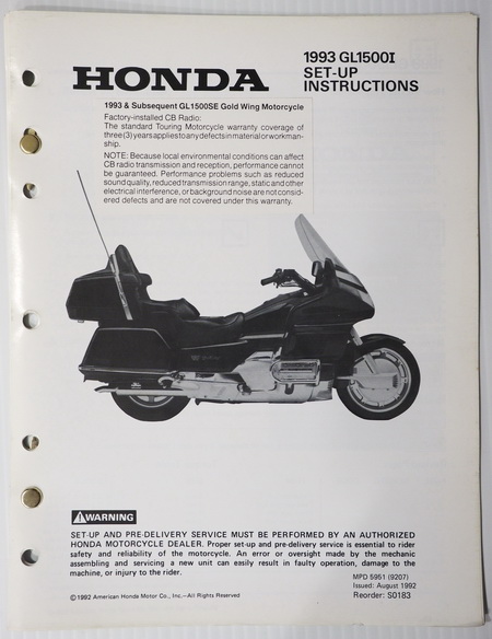 1993 Honda GL1500 I Gold Wing Original Set-Up Instructions