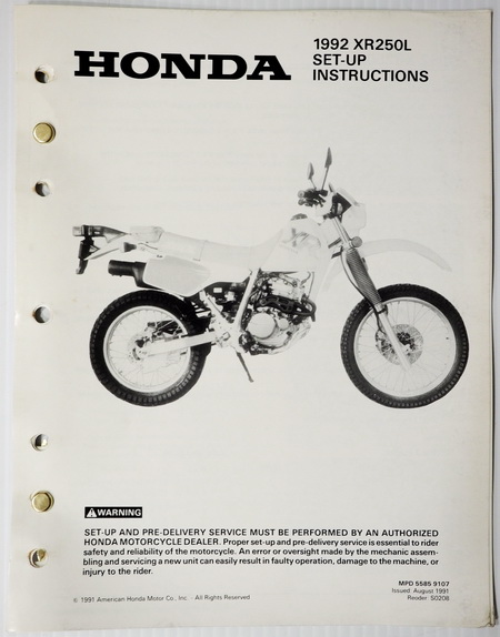 1992 Honda XR250L Original Set-Up Instructions