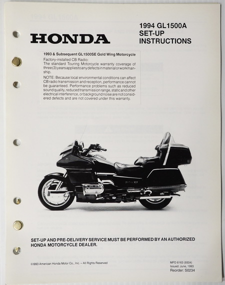 1994 Honda GL1500 A Gold Wing Original Set-Up Instructions