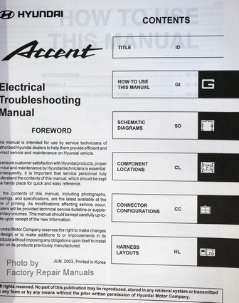 2004 Hyundai Accent Electrical Troubleshooting Manual Table of Contents