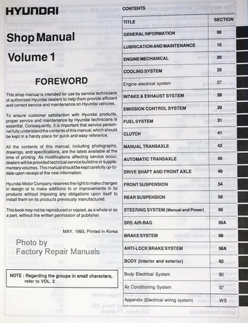 1994 Hyundai Elantra Factory Shop Manuals Table of Contents Page 1