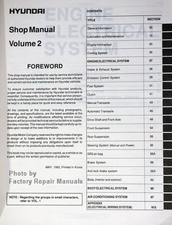 1994 Hyundai Elantra Factory Shop Manuals Table of Contents Page 2
