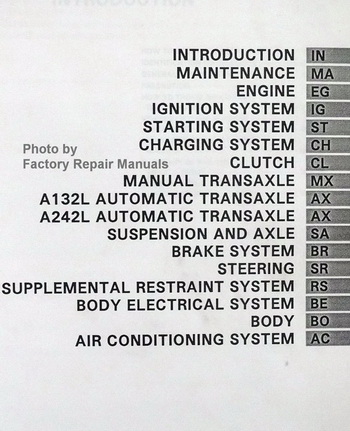 1998 Toyota Tercel Factory Repair Manual Table of Contents