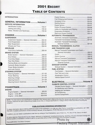 2001 Ford Escort Factory Service Manual Table of Contents Part One