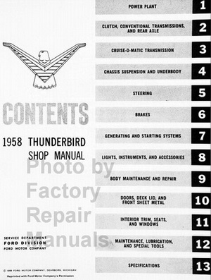 1958 Ford Thunderbird Shop Manual Table of Contents