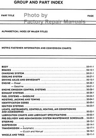 1981 Ford All Truck Pre-Delivery, Maintenance and Lubrication Shop Manual Table of Contents