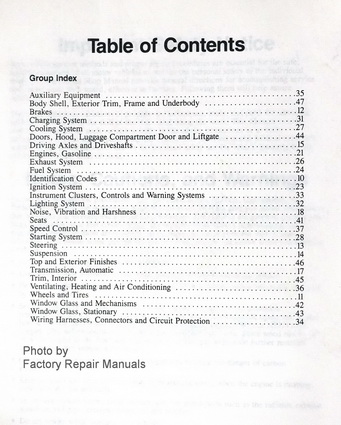 1991 Ford Crown Victoria, Mercury Grand Marquis & Lincoln Town Car  Factory Service Manual Table of Contents