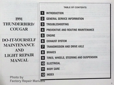1991-1993 Ford Thunderbird and Mercury Cougar Maintenance & Light Repair Manual Taboe of Contents