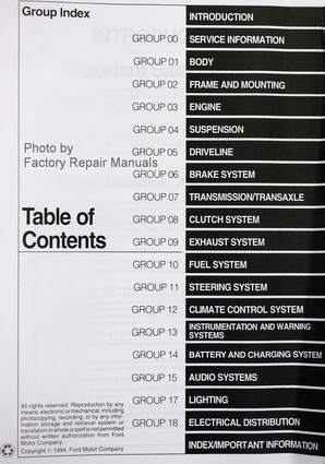 1995 Mercury Villager Factory Service Manual Table of Contents