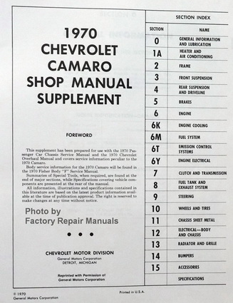 1970 Chevy Camaro Service & Overhaul Manual Supplement Table of Contents
