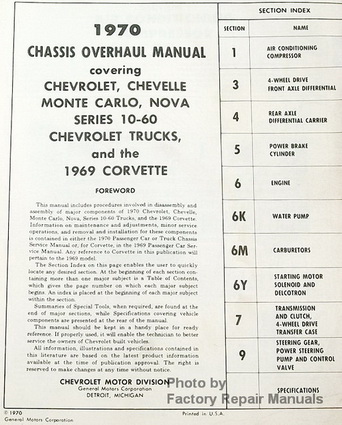 1970 Chevrolet Car and Pickup Truck Overhaul Manual Table of Contents