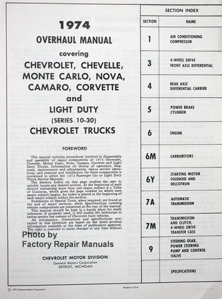 1974 Chevrolet Car and Light Duty Truck Overhaul Manual Table of Contents