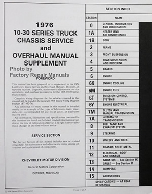1976 Chevrolet Light Duty Truck Factory Service and Overhaul Manual Supplement Table of Contents