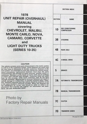 1978 Chevrolet Passenger Car & Light Duty Trucks Unit Repair Manual Table of Contents
