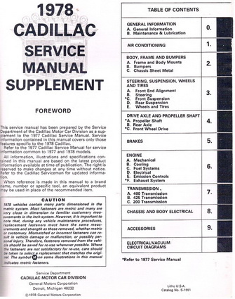1978 Cadillac Service Manual Supplement Table of contents