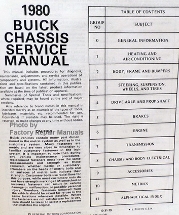 1980 Buick Chassis Service Manual Table of Contents