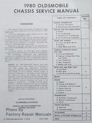 1981 Oldsmobile Service Manual Table of Contents