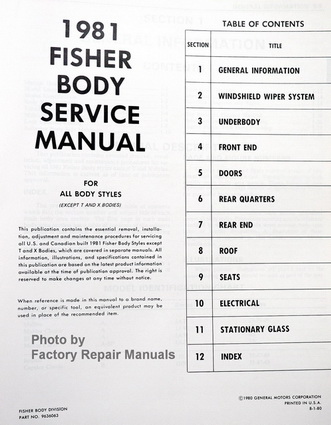 1981 GM Fisher Body Service Manual Table of Contents