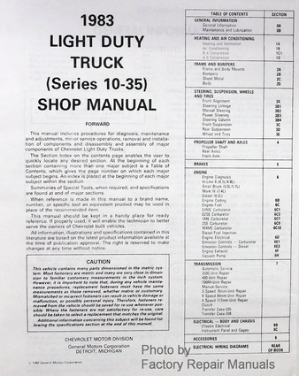 1985 Chevrolet 10-30 Light Duty Truck Factory Shop Manual Table of Contents