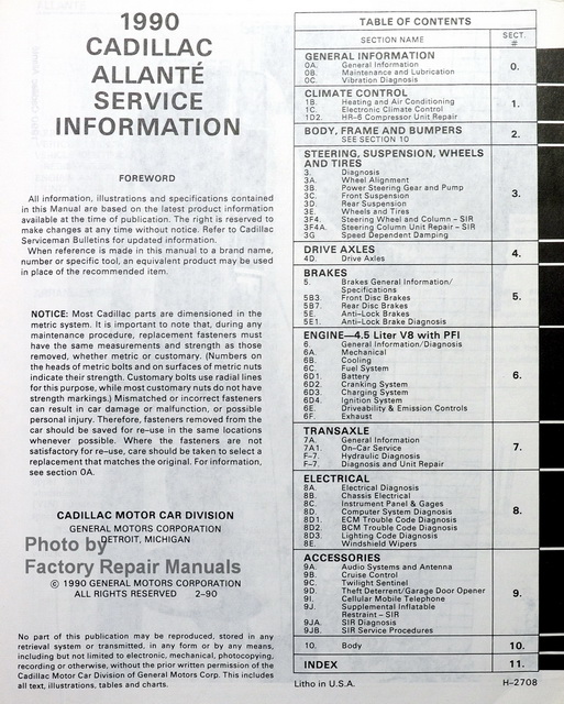 1990 Cadillac Allante Factory Service Manual Table of Contents