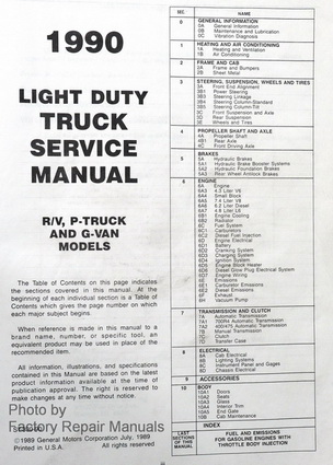 1990 Chevrolet Truck R/V, G, P Models Factory Service Manual Table of Contents