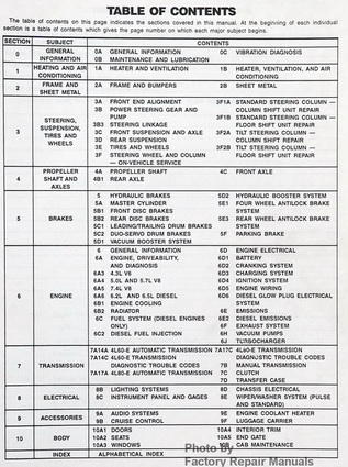 1993 Chevy Truck C K Models Service Manual Table of Contents