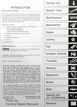 1982 Honda Accord Factory Service Manual Table of Contents