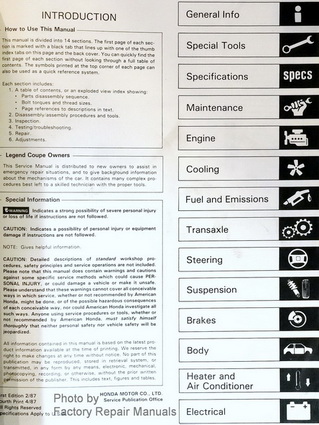 1987 Acura Legend Coupe Factory Service Manual Table of Contents