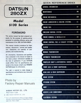 1981 Datsun 280ZX Factory Service Manual Table of Contents