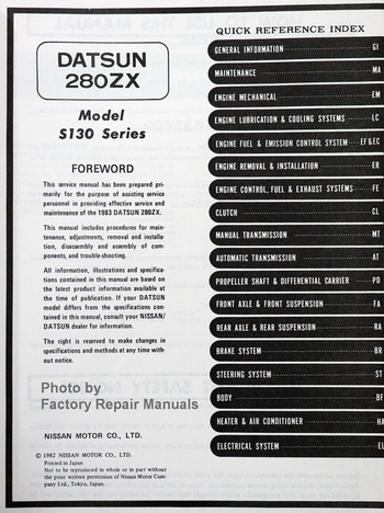 1983 Datsun 280ZX Factory Service Manual Table of Contents