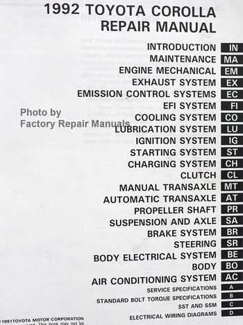 1992 Toyota Corolla Factory Repair Manual Table of Contents