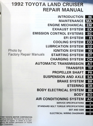 1992 Toyota Land Cruiser Factory Repair Manual Table of Contents