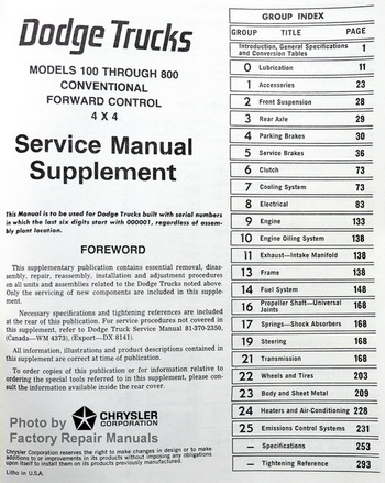 1973 Dodge Truck 100-800 Service Manual Supplement Table of Contents