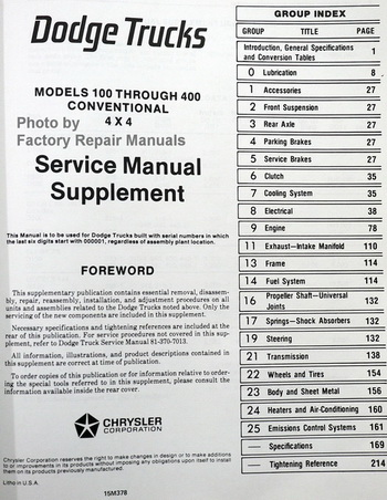 1978 Dodge Truck 100-400 Service Manual Supplement Table of Contents
