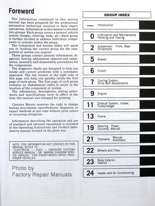 1989 Chrysler Front Wheel Drive Car Factory Service Manual Table of Contents