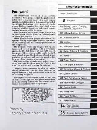 1988 Chrysler Front Wheel Drive Car Factory Fuel & Emissions Manual Table of Contents